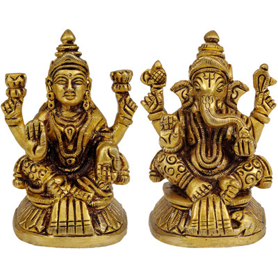 Handmade 3" Brass Shri Ganesha and Goddess Lakshmi Statue – Indian Deity Idol, Auspicious Pair, Miniature Home Temple Accent & Gift