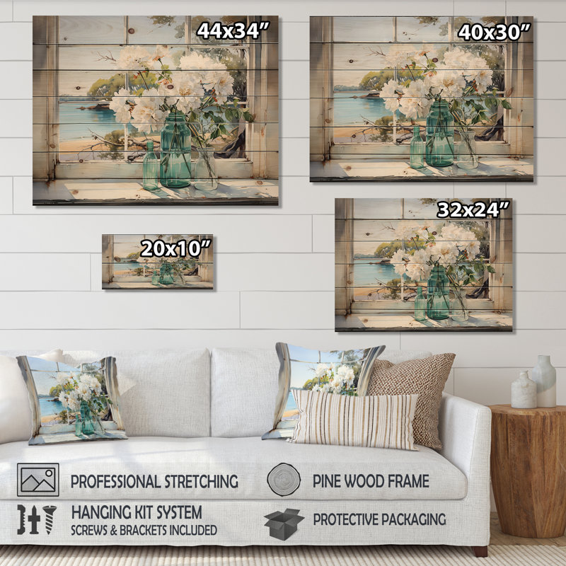 Fenêtre bleue vue sur la plage Blooms III - fenêtres côtières sur bois, H 24 po x l 32 po