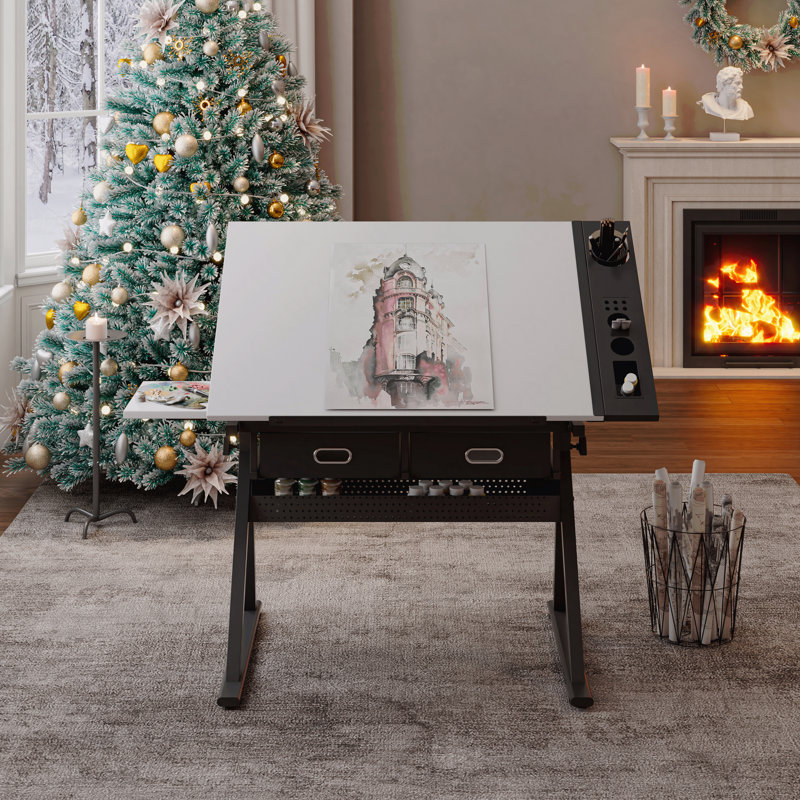 Adjustable Drawing Drafting Table Desk With 2 Drawers For Home Office And School With Stool, Blanc