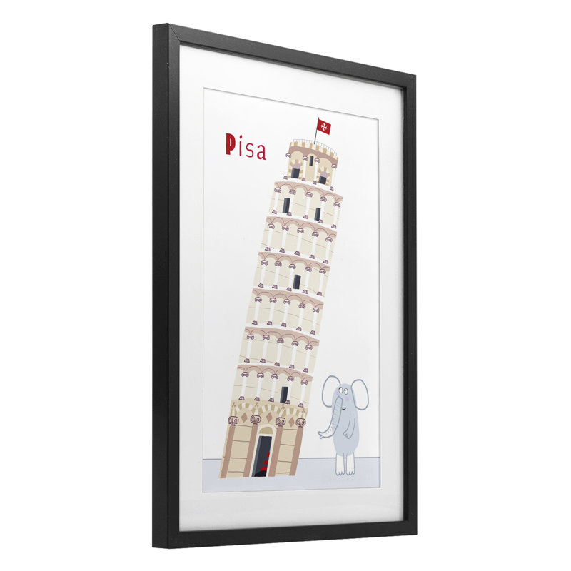Éléphant et tour penchée de Pise, reproduction sous verre, design par Carla Daly, H 20 po x l 14 po, Cadre noir minuit
