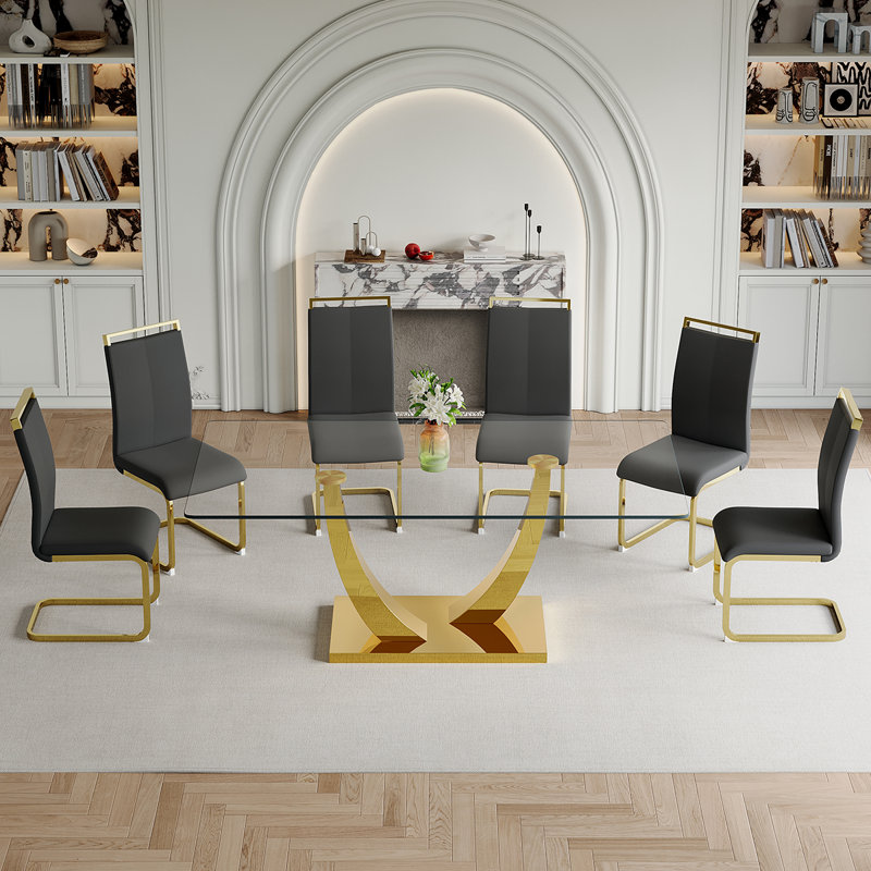 Ensemble de table de salle à manger en verre, Noir, noir, noir, noir, 7