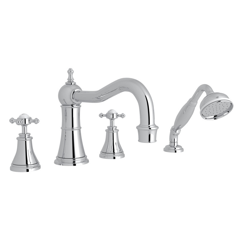 Georgian Era Double Handle Deck-Mounted Roman Tub Faucet with Handshower, Polished Chrome