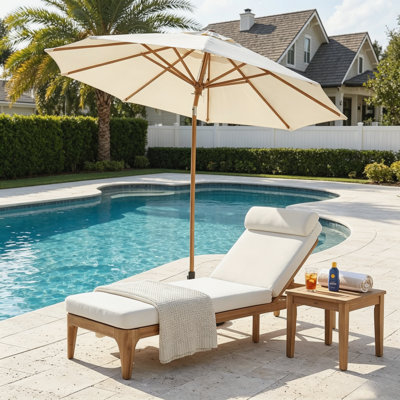 Méridienne d'extérieur beige en bois d'acacia, dossier inclinable réglable pour patio avec coussin amovible pour l'intérieur de la piscine