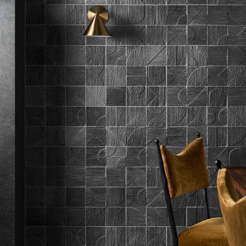 Trevino 4x4 Carved 3D Satin Basalt Stone Tile, Black