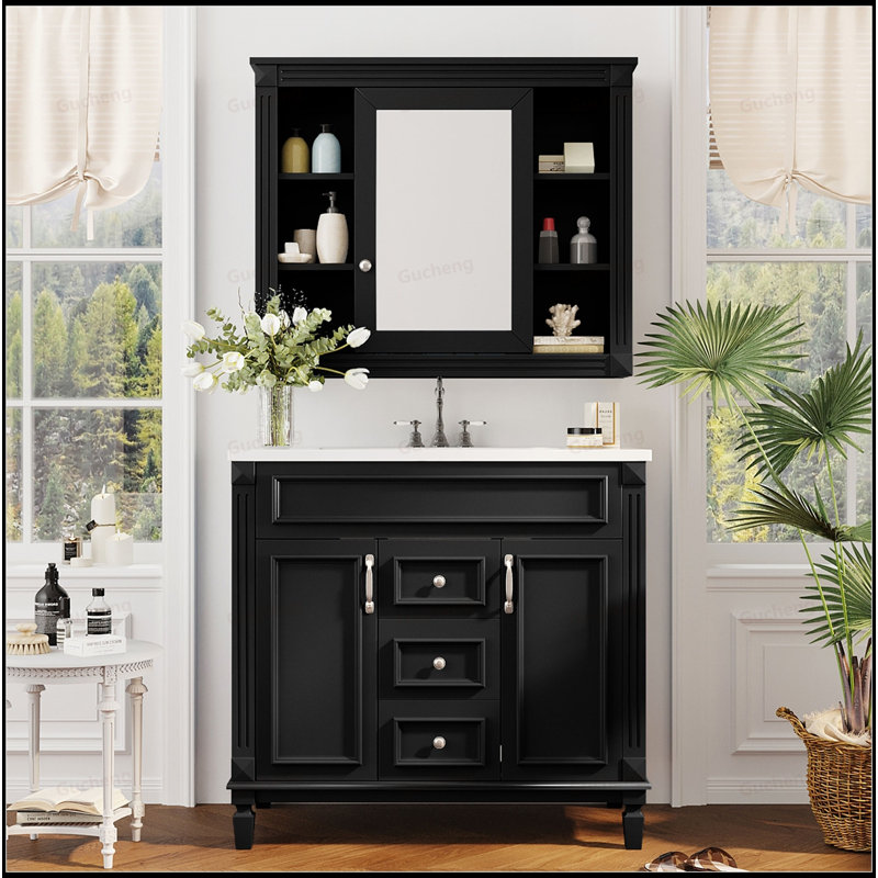 Meuble-lavabo à fermeture en douceur 36 po avec miroir, Noir