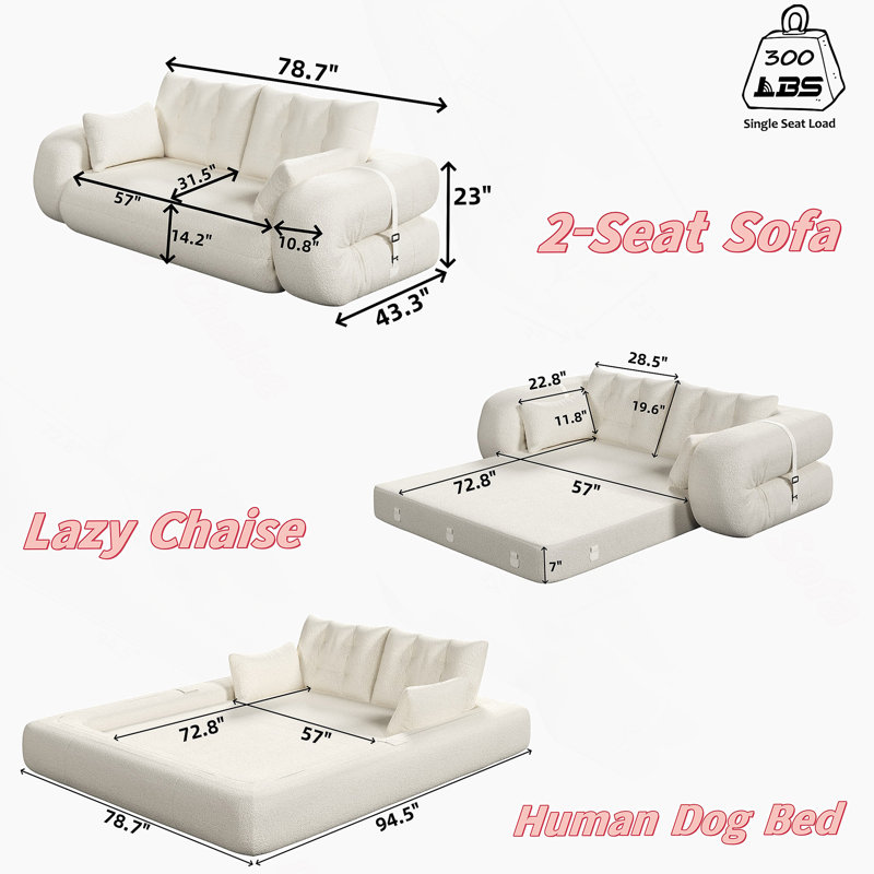 Boneless Human Dog Bed, Lazy Sofa Couch, 78.7" Multi-Functional Foldable Sofa Bed, 3-In-1 Teddy Fabric Foam-Filled Sleeper Sofa Bed For Living Room,Guest Bed,Playroom,Black