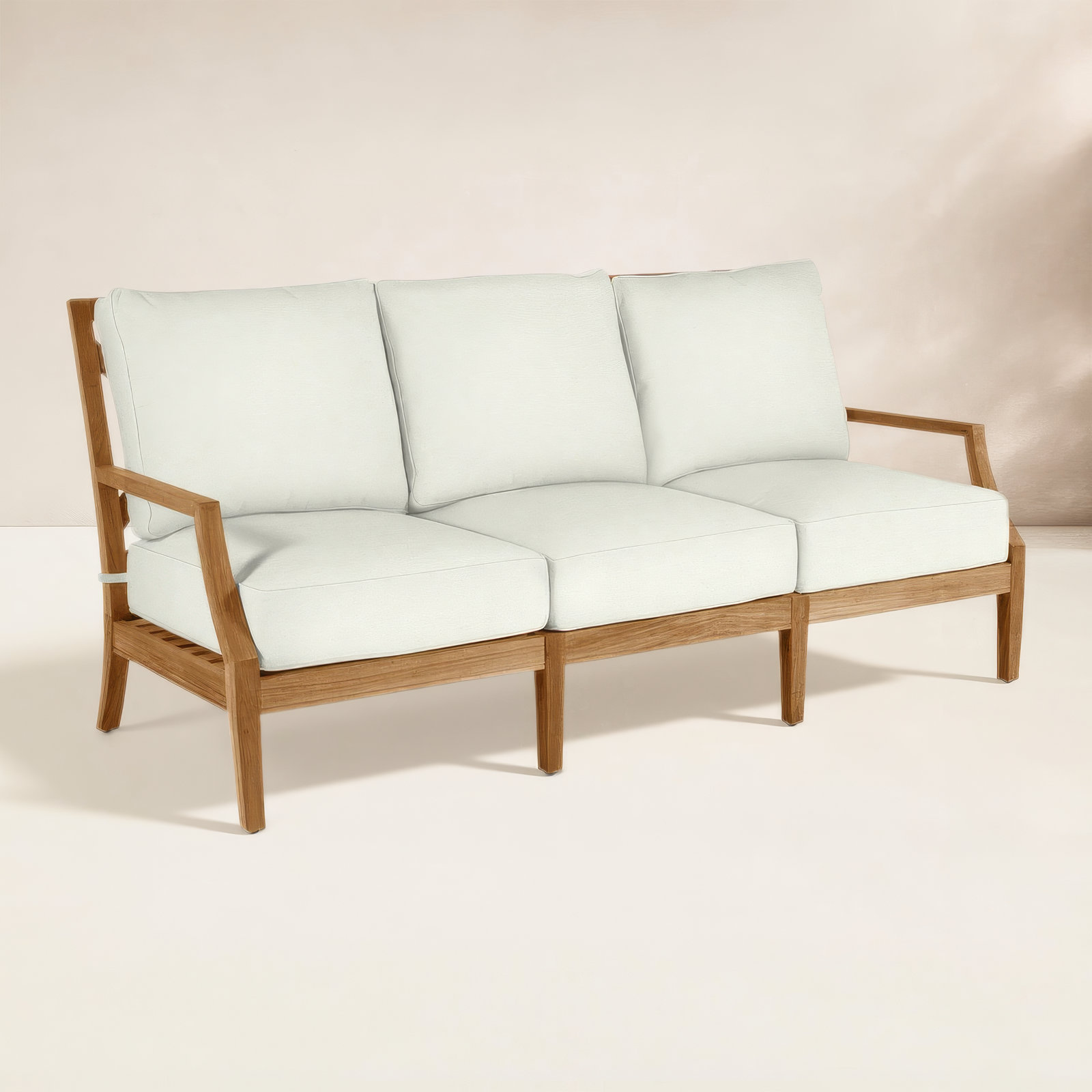 Haley Teak Patio Sofa with Cushions, Natural Teak, Natural White, No welt + Standard fill