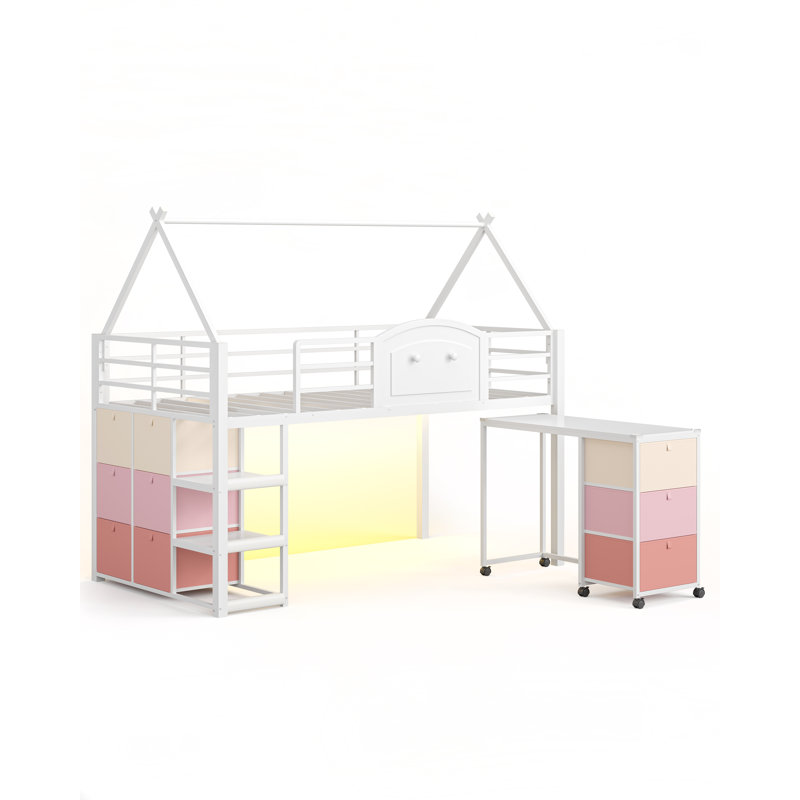 Low Loft Bed with Pull-Out Desk & Storage Drawers and Ladder Shelves LED Metal House Beds, Pink