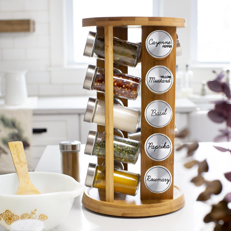 20 Jar Bamboo Spice Rack With Spices Included - Rotating Tower Organizer For Kitchen Spices And Seasonings