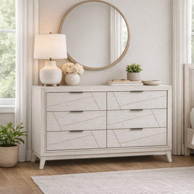 Commode 62 pouces Zine, 6 tiroirs, bois blanc antique, poignées noires