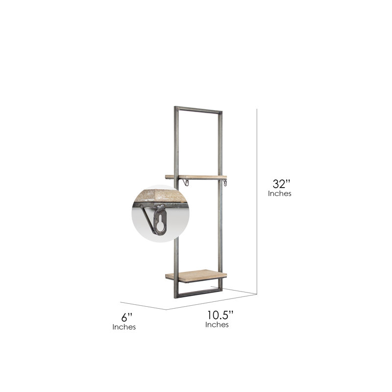 Rustic Silver Metal and Wood Hanging Shelf Rack