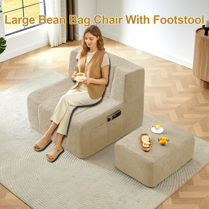 2-Piece Sherpa Bean Bag Lounger And Footrest Set –, Beige  Polyester
