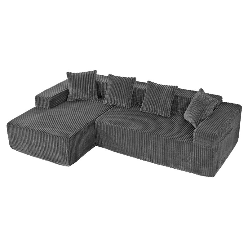 Modern Oversized Corner Sofa L-Shaped Corduroy Sofa With Storage Pockets , Left Hand Facing, Grey