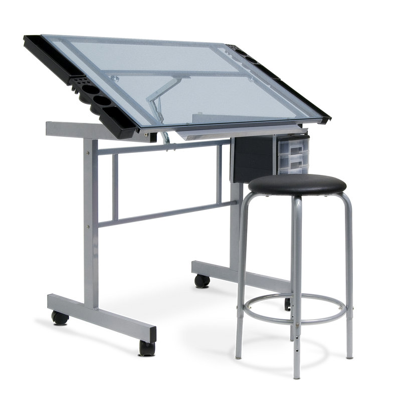 Couto Adjustable Glass Top Metal Base Drafting Table, Silver