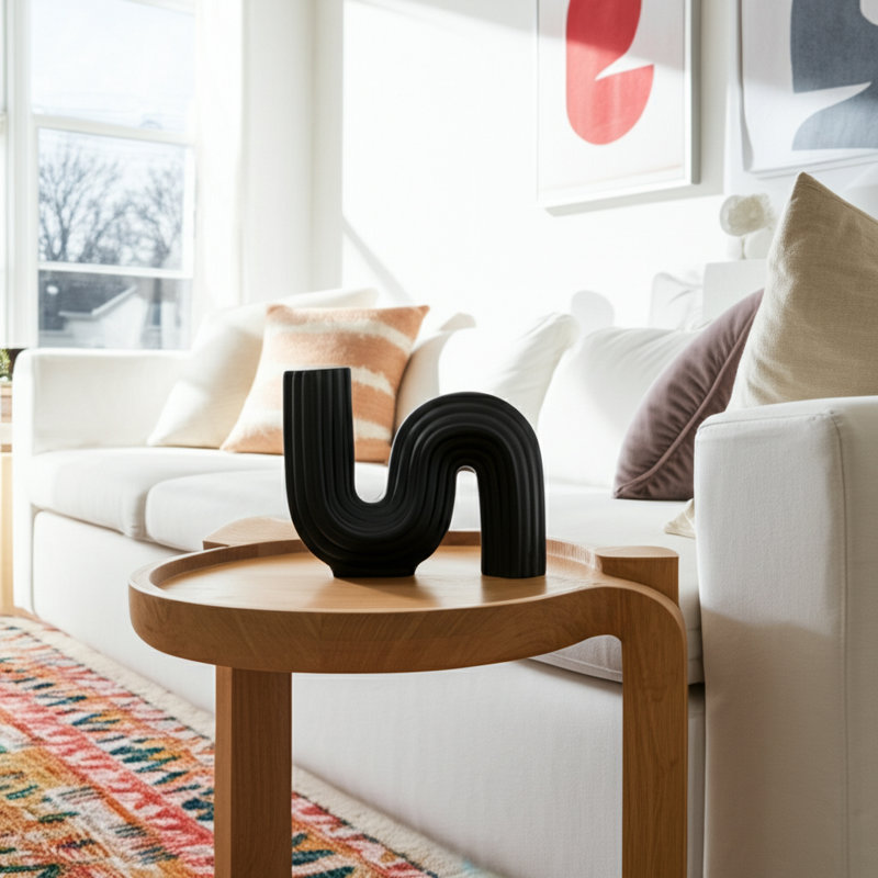 Stoneware Ceramic Vase with Sculptural Curved Shape and Ribbed Textured Design, Black