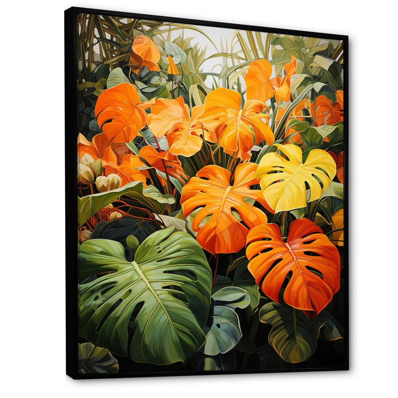 Feuillage tropical orange et vert II, H 20 po x l 12 po x P 1 po, Cadre flottant noir