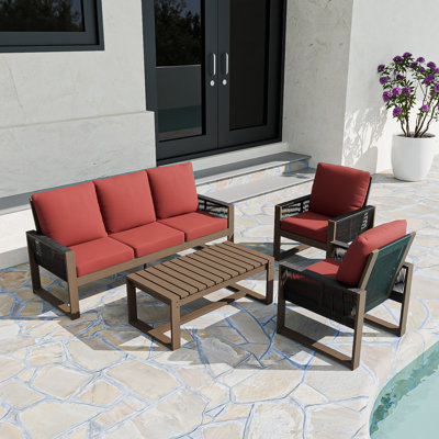 5-Person Outdoor Patio Cedar Wood Brown Round Wicker Sofa Seating Group with Olefin Thick Cushions, Slat Coffee Table