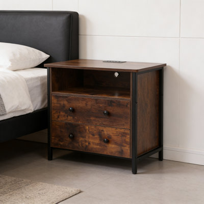 Large LED Nightstand  With Charging Station, 27 Inch Wide Night Stand With Adjustable Drawer For Living Room Bedroom Study