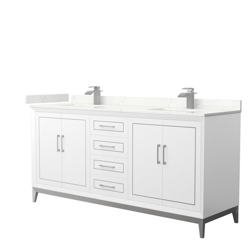 Meuble-lavabo double Marlena, Nickel brossé, Blanc, Quartz Giotto