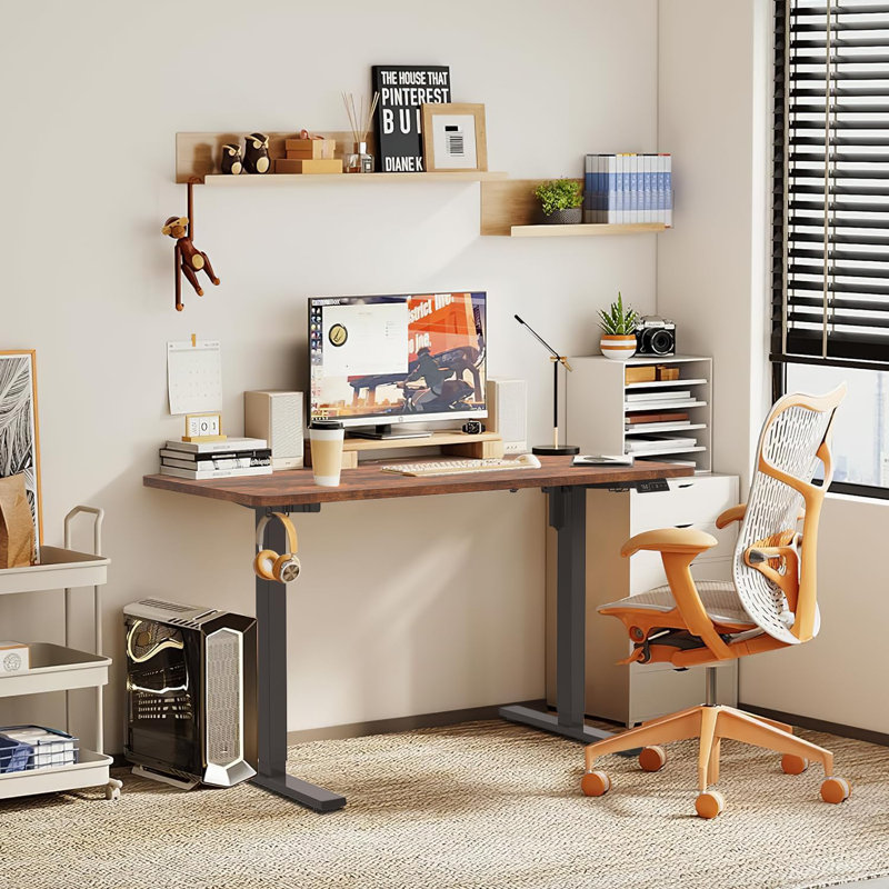 Alvana Adjustable Metal Base Standing Desk, Black, Walnut, 116cm H x 100cm W x 60cm D