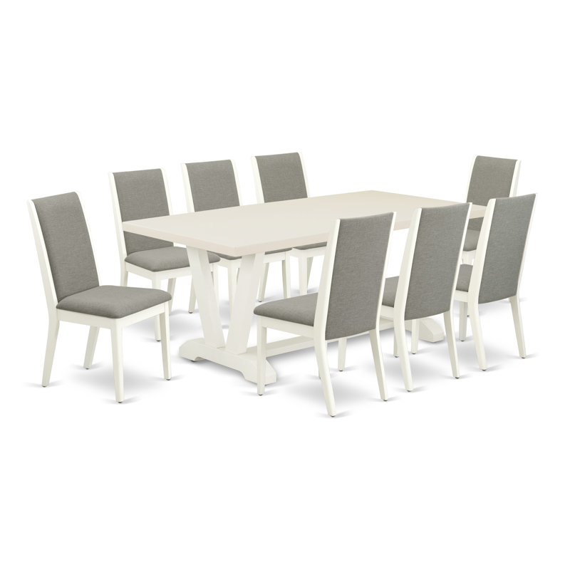 9-Pc Mid Century Dining Se  Room Table and 8 Shitake Linen Fabric Kitchen Chairs with High Back - Wire Brushed Linen White.