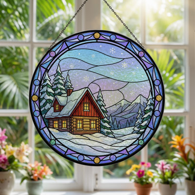 12"H Winter Cabin Stained Glass Window Panel
