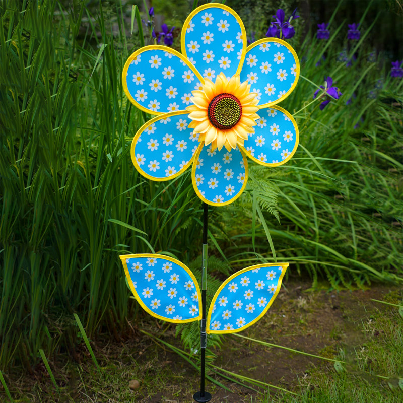 16-Inch Blue Daisy Sunflower Wind Spinner with Faux Leaves