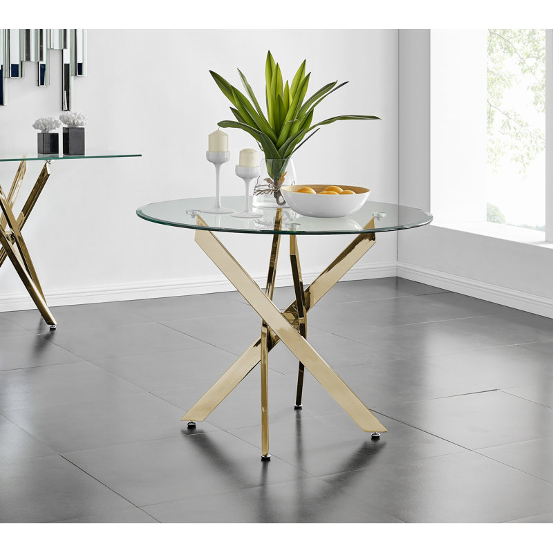 Tierra Luxury Metal and Glass Round Dining Table - Modern Statement Design, Gold, H75 x L100 x W100cm