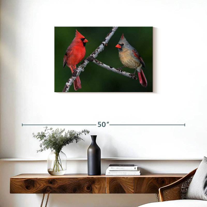 Paire d'oiseaux cardinaux, H 20 po x l 30 po