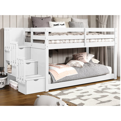 Johannes Solid Wood Twin Low Loft Bed with 3 Step-Stairway and Twin Underbed