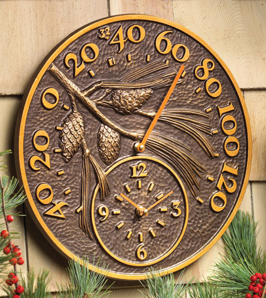Pinecone Thermometer Clock, French Bronze