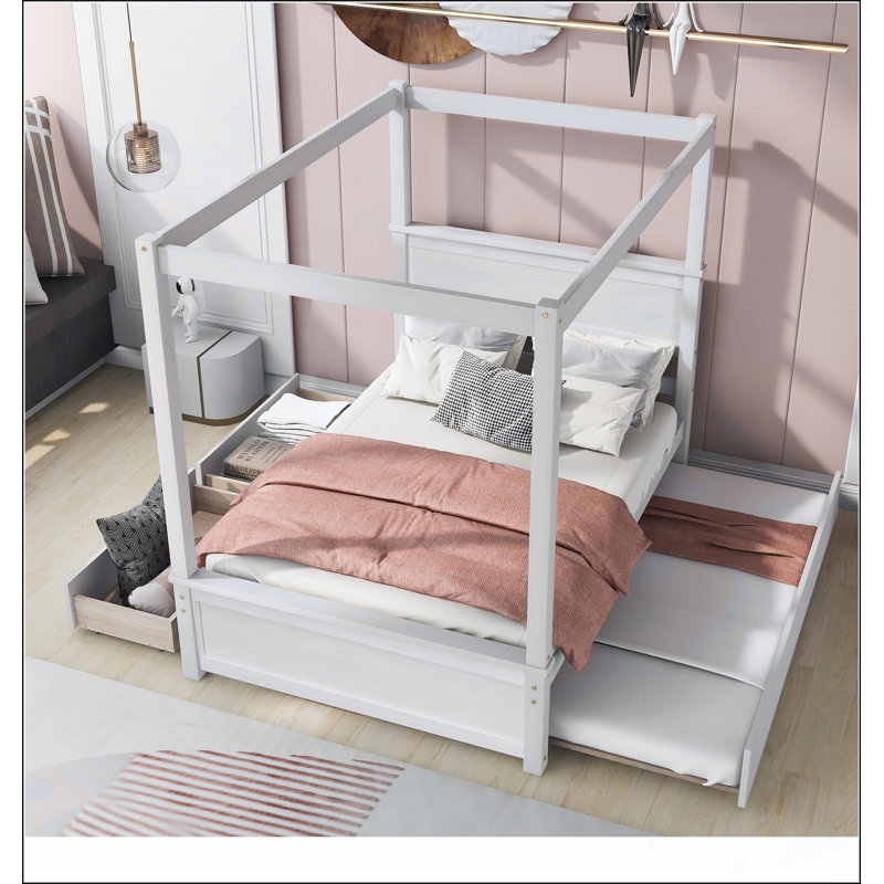 Canopy Bed With Trundle Bed And Two Drawers ,Canopy Platform Bed With Support Slats