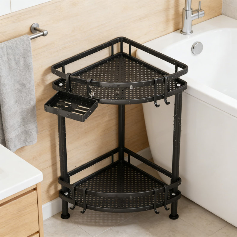 Corner Shower Caddy - 2-Tier Rustproof Shower Organizer With Soap Holder And Hooks, Space-Saving Bathroom Storage Shelf With Adjustable Feet And Adhesive Mounting