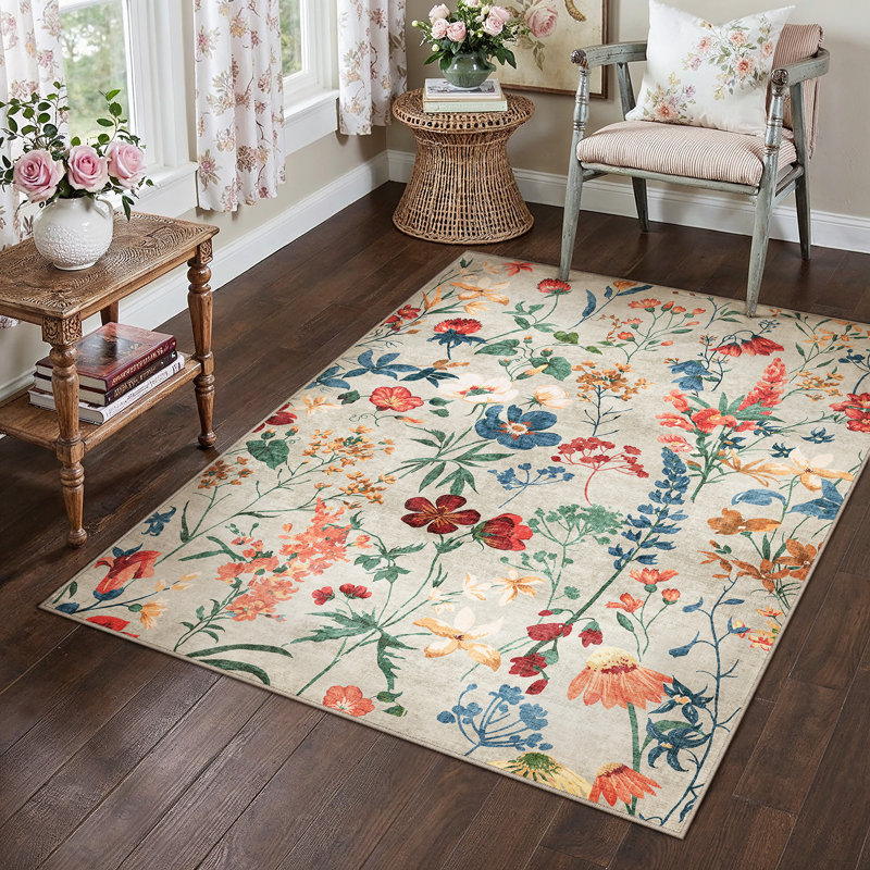 Cherry Machine Washable Floral Area Rug With Non-Slip Backing,  Rectangle 3' X 5'