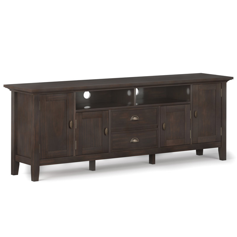 Redmond 72"W Solid Wood Transitional TV Stand for TVs up to 80" with 2 Cabinets, 2 Drawers, and Open Shelves, Brunette Brown