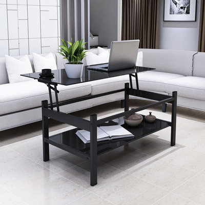 Table basse à plateau relevable noir, conception moderne en verre à 2 couches pour le salon, offre un espace de rangement généreux et une structure en verre simple en verre, suffisamment d'espace