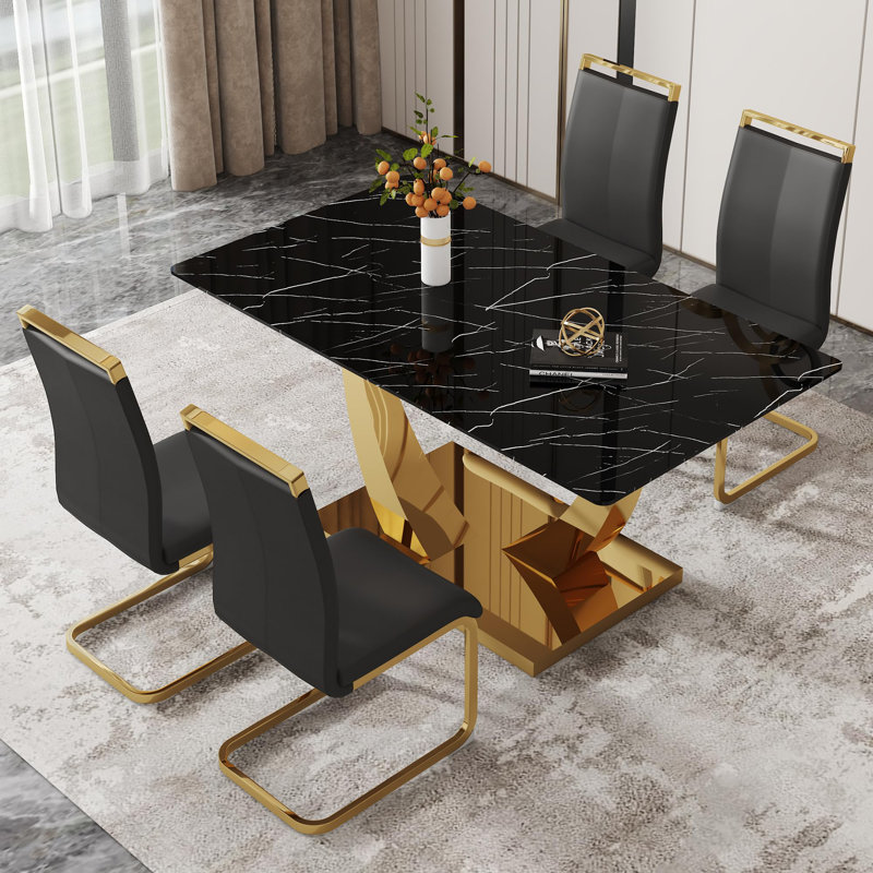 Table de salle à manger moderne pour 4 personnes, table de salle à manger à piédestal rectangulaire avec chaises, Noir, Noir