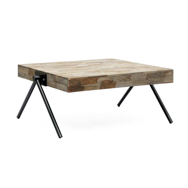 Table basse rectangulaire en bois de manguier massif et en fer 27,5 po avec pieds en forme de V