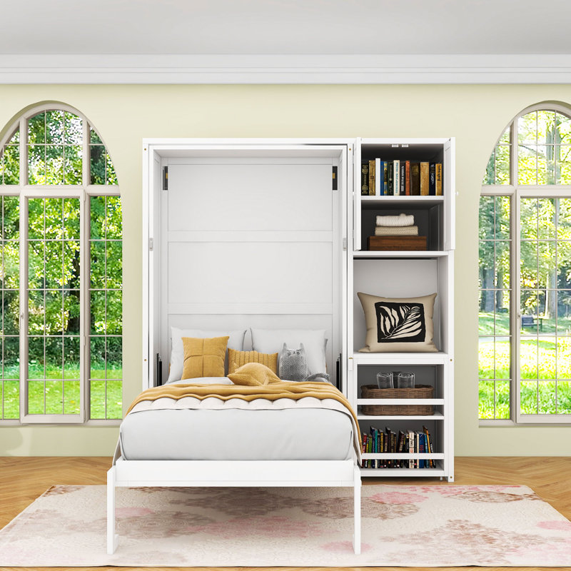 Multifunctional Twin Wooden Murphy Bed with Built-in Storage Shelves and Extendable Desk, White