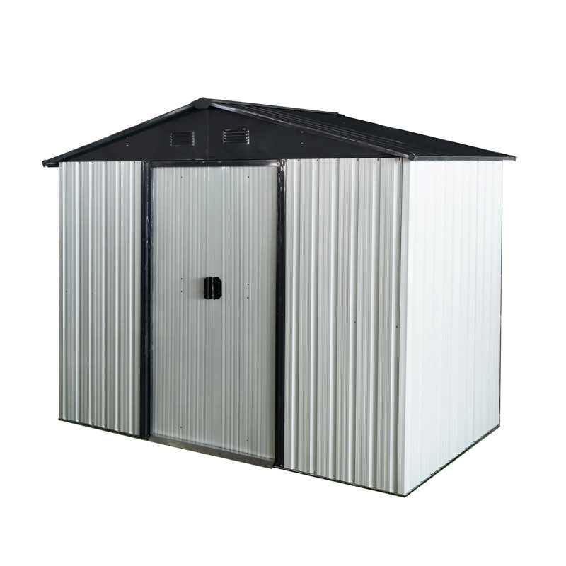 Outdoor Metal Storage Shed 8ft X 4ft - White & Black. Galvanized Iron Frame. Spacious For Equipment. Sloped Roof Lockable Door. Ventilated Interior. Includes Foundation, Anchors, Hooks, Shelf, Lock