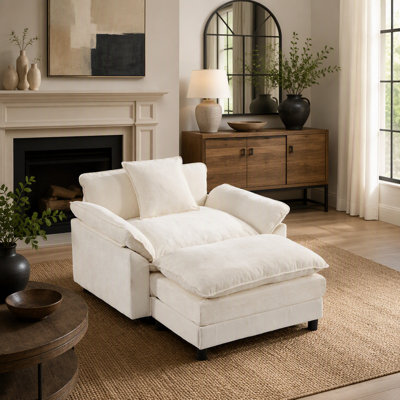Fauteuil d'appoint rembourré en chenille 44,5 po avec repose-pieds 44,5 po, fauteuil de lecture pour chambre à coucher, chenille beige