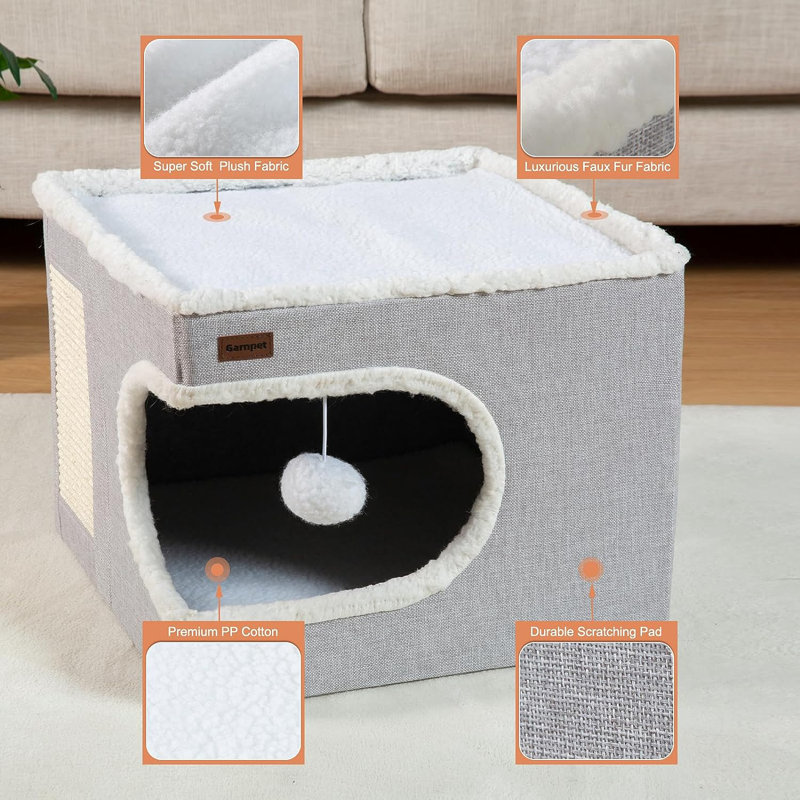 Gray Plush Covered Cat Cube House with Hanging Ball