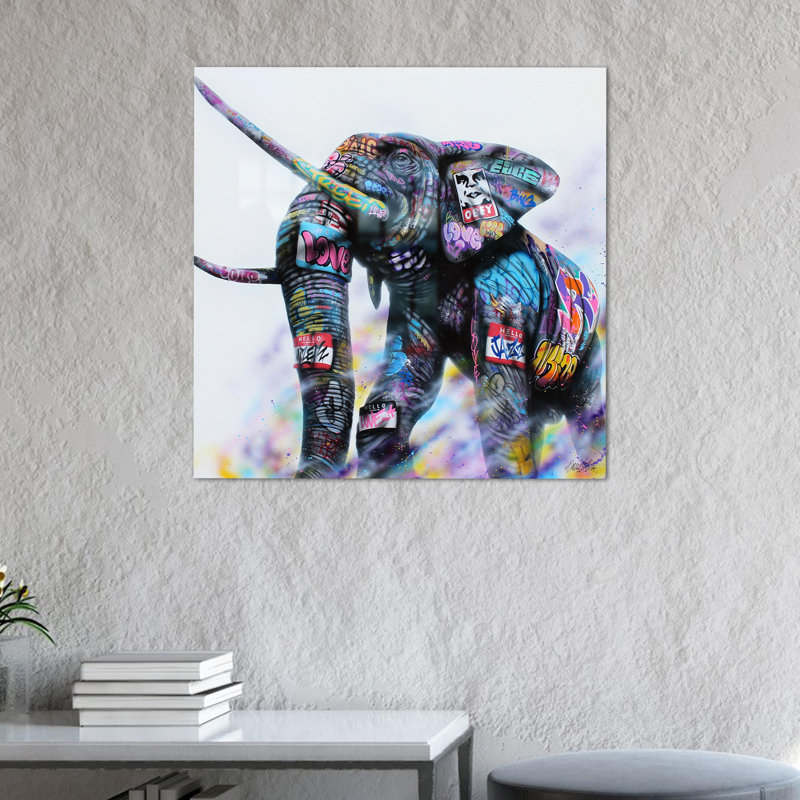 Éléphant, art graffiti sur support mural en verre trempé, idéal pour les amateurs d'éléphants, H 27,6 po x l 27,6 po