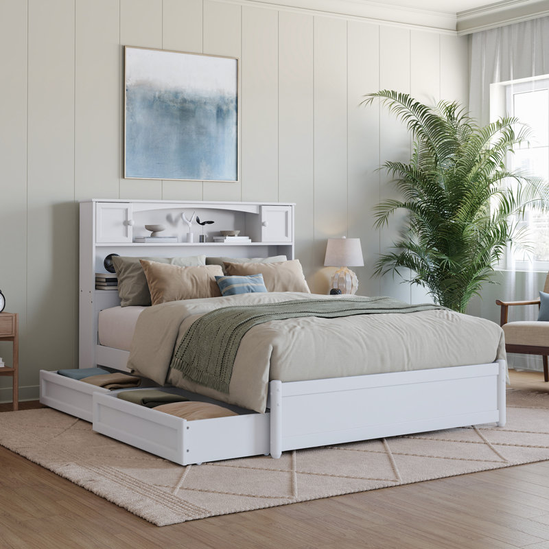 Akanthou Solid Wood Storage Bookcase Platform Bed with Footboard & Under Bed Drawers, White, Full