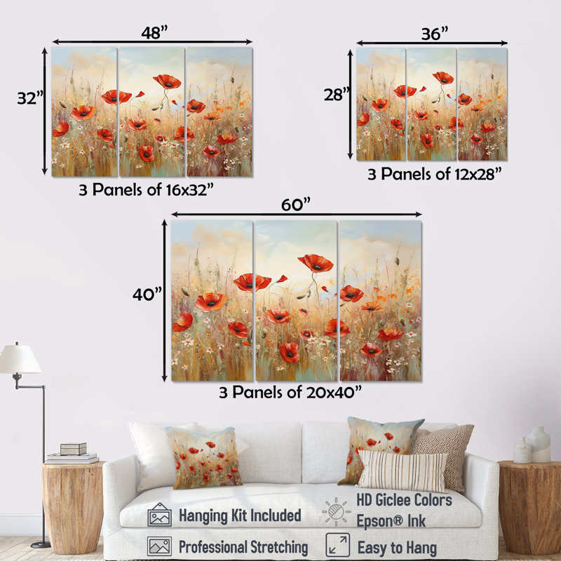 «Red and Golden Poppies Field I» - ensemble de reproductions d'art mural coquelicots, Toile tendue