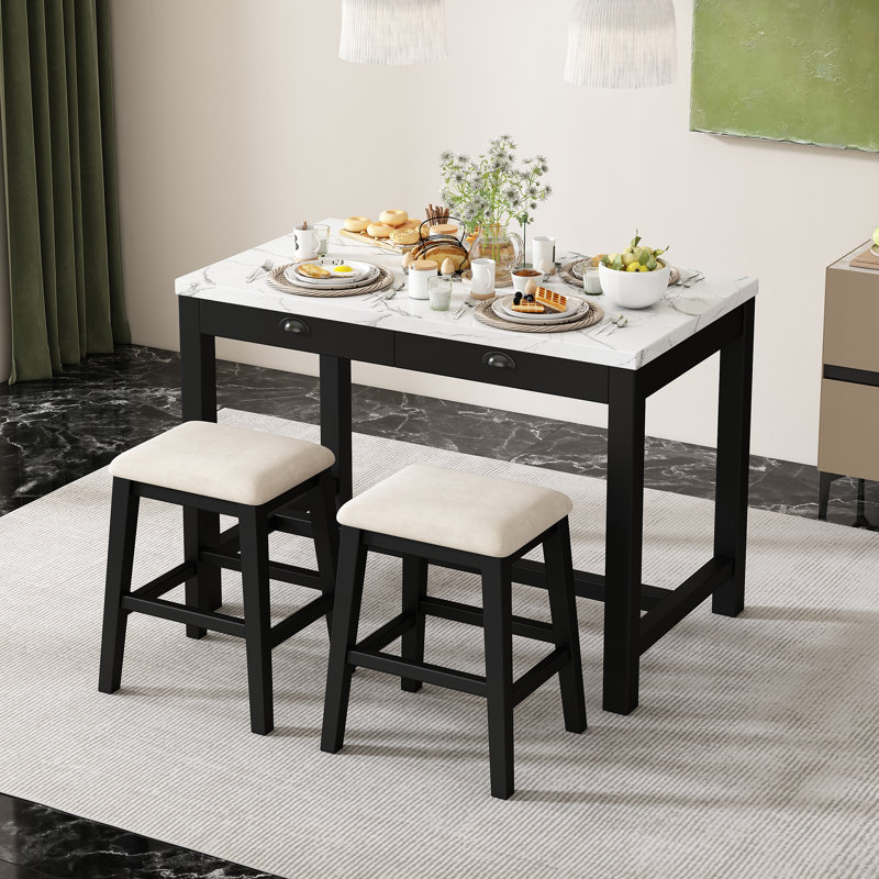 Modern Bar Dining Table Set With Storage Drawers And Padded Stools, Black