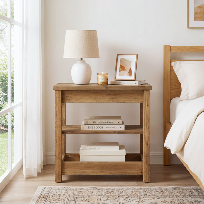 Solid Wood End Table with 3-Tier Storage