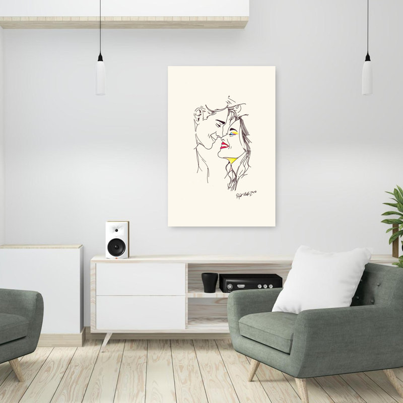 Couple romantique partageant un moment intime avec un maquillage coloré et des lèvres rouges vives, art mural moderne minimaliste contemporain