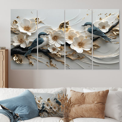 Birds Love Under A Gold White Orchid Tree Garden III - Cherry Blossom, ensemble d'art sur toile