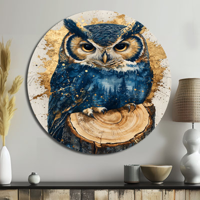 Akeley - Owl Round Metal Wall Decor, Modern Blue Metal Art Print